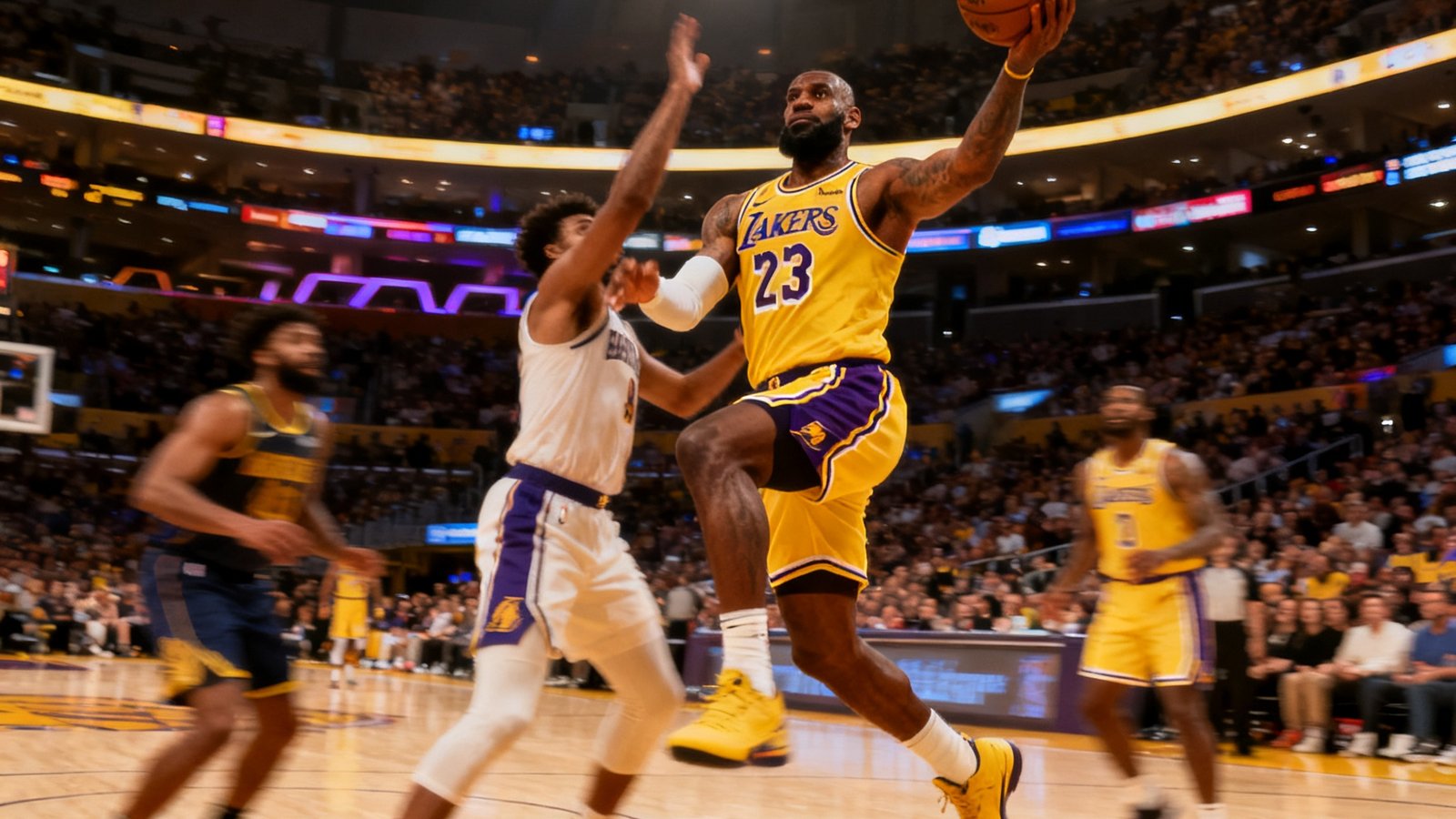 NBA赛场上洛杉矶湖人队勒布朗·詹姆斯持球突破防守球员完成上篮的瞬间，球馆内灯光璀璨观众席爆满